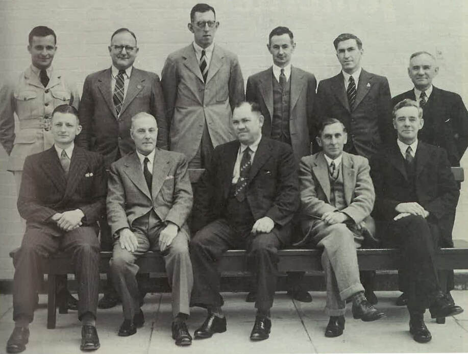 Pictured at Soden's Hotel, Albury in 1938 are (back row, left to right): K. Halliwell, E.A. Molesworth, G.H. Coleman, J.T. Perry, E.E. Crouch and E.W. Boulton and (front row, left to right): J.H. Liddle, P.E. Carpenter, E.R. Gordon, W.J. Young and H.C. Brewer.